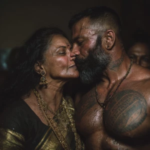 Realism,photo painting.a muscular beefy sweaty tattoed indian ma...