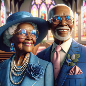 Create a heartwarming and detailed realistic 3-D image of an elderly African American couple sharing a moment of joy and laughter. The woman is stylishly dressed in a blue church suit with a matching wide-brimmed hat and bedazzled, blue-tinted glasses that sparkle with personality. Her jewelry is elegant and classic, featuring pearls and matching blue diamond earrings. The man is dapper in a sharp blue suit with a pink tie and pocket square, his glasses adding a touch of sophistication. They are at a church event, the stained glass windows casting a colorful glow around them. Their expressions are filled with happiness, reflecting a life well-lived and a relationship filled with love.