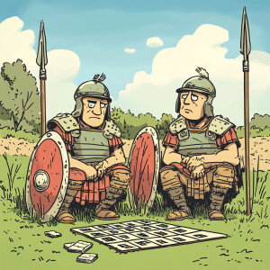 Illustrate a cartoon of two perplexed Roman soldiers sitting on...