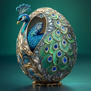Create an image of an exquisitely crafted Faberge egg, featuring...