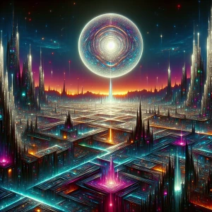 In the heart of an otherworldly metropolis, towering crystalline...