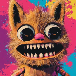 Stylized character portrait of a mischievous designer toy creat...