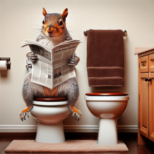 Human size squirrel sitting on a toilet reading a newspaper