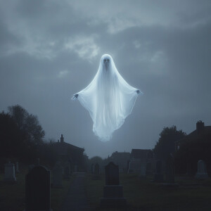 transparent ghost floating over a graveyard,  wide spread arms,...