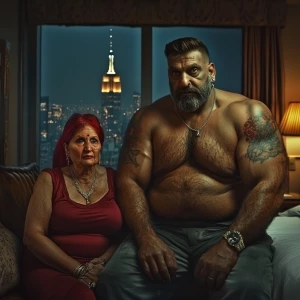 realism style HD.A sweaty beefy muscular man sitting with his 54...