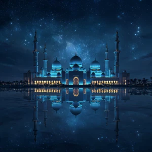Generate an image of a grand mosque with glowing blue domes unde...