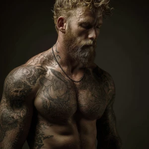 A muscular male bodybuilder with ginger and blonde hair and a be...
