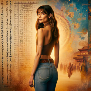 Athletic Thin skinny Attractive, Asian teenage girl, long brown hair and bangs, wearing tight skinny jeans and a halter top paint marks on her clothing, heroic pose Asian graffiti background, backside view