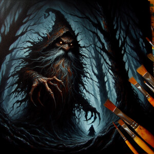 A sinister, shadowy gnome looms ominously in a dark, foreboding...