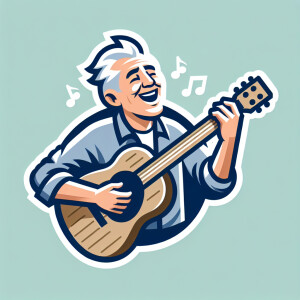 Happy old man playing guitar and singing
