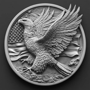 a grayscale bas relief of a mighty eagle wings outstretched with...