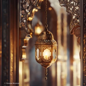 Ein Bild mit dem Text " Ramadan Moubarak" in einem orientalische...