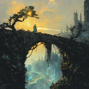 Create an image of an epic confrontation on an ancient, weathere...