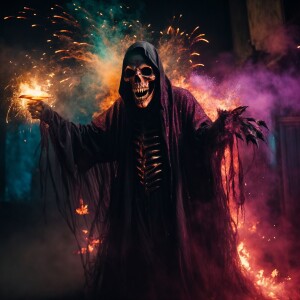 A terrifying undead Grim Reaper-like creature with sharp fangs,...