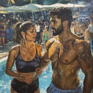 oil painting,a muscular beefy sweaty man  walking with his 50 ye...