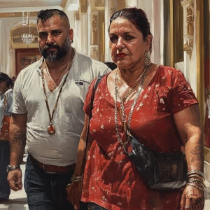 Photorealism,realism.A sweaty beefy man walking with his 54 year...