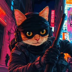 A wide-eyed ginger cat wearing a black tactical balaclava (or ma...