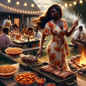 A mahogany-skinned auntie flips ribs on a smoky grill, her flora...