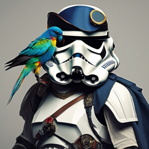Stormtrooper pirate with eye patch and parrot on its shoulder