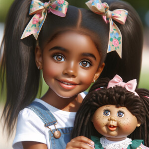 African-American girl with huge Hazel Brown eyes and long, black ponytails with Bows playing with African-American, cabbage Patch doll with huge dimples and freckles