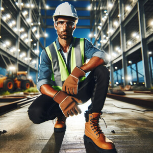 A work site featuring a Hispanic male wearing all his safety PPE...