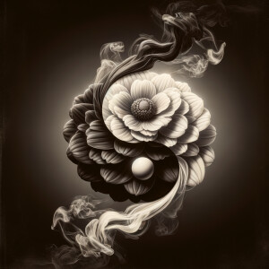 Create an image of a flower engulfed in a dual swirl of smoke, o...