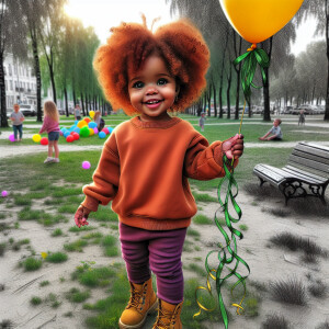 A brown-skinned African American toddler girl with big curly red...