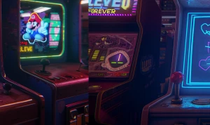/imagine prompt: player’s eye view of a vintage CRT arcade cabin...