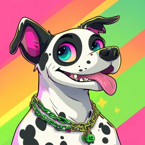 A cartoon-style anthropomorphic dog character with a white coat...