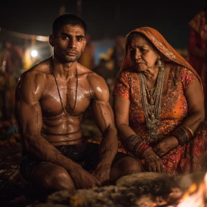 Hyperrealism photo painting.a beefy muscular sweaty criminal man...