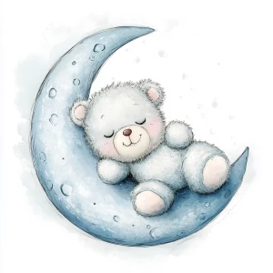 A cute, cartoon teddybear lies on a stylized, soft blue grey crescent moon. The moon shows the crater holes and relief in the surface. The teddy bear is light gray with large, round, pink-spotted ears.  Its body is round and he has expressive eyes.  its facial expression is happy and friendly. The teddy bears leg and foot are visible, and its posture is relaxed, lying down in the curve of the moon. it's stomach is lying down on the moon with left arm and leg showing hanging down. The moon is a soft, shaded blue, with watercolor-like texture and subtle shading. The background is white. The image is in a child-friendly style, showcasing delicate line work and color palettes. The composition is centered on the teddy bear which is positioned lying slumped face down on  the moon, giving the moon a hug with closed eyes. The overall style is sweet, whimsical, and reminiscent of children's book illustrations.  The colors are pastel and soothing, creating a gentle atmosphere.