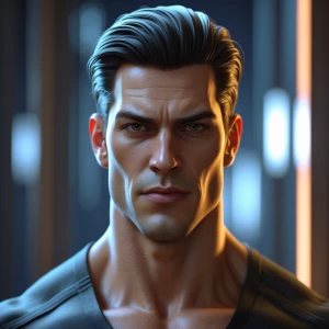 a hypermasculine man with chiseled jawline, confident smirk, per...