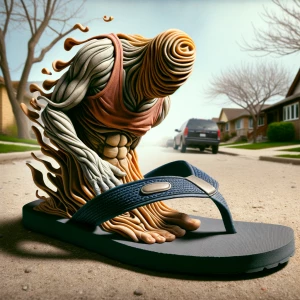 Human transformed into a woman's flipflop.