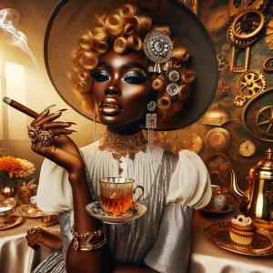 A melanin-rich African American woman enjoying an opulent aftern...