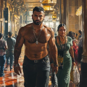 realism style art.A sweaty beefy muscular man  walking with his...