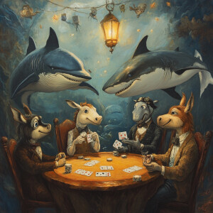 A fish, a donkey, a whale and a shark playing poker