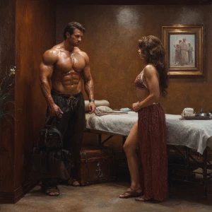 Hyperrealism painting, a muscular Russian man in his beach hotel...