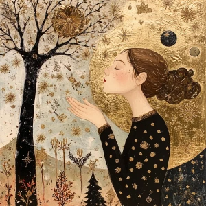 Image of a woman expressing gratitude amidst a warm, festive Chr...