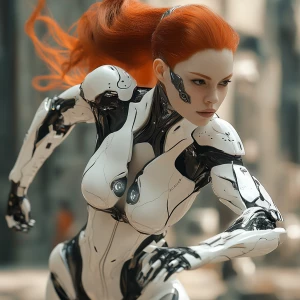 Beautiful redhead android human hybrid in an action pose.