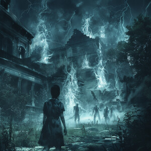 AI Image: Sarah facing a group of ghostly apparitions, with the...
