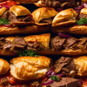 Create an image based on this menu description:
Beef Tips Wellin...