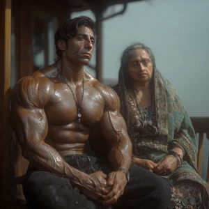 Photo HyperRealism,painting.A man muscular beefy sweaty doinga y...