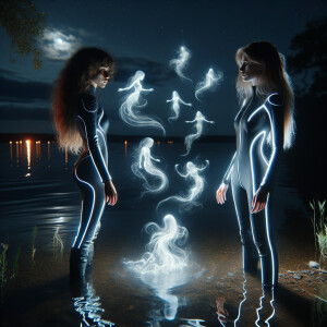 Two girls are standing near the lake at night in a hydro suit an...