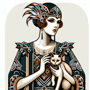 An erté type of drawing in color with the woman holding a cat