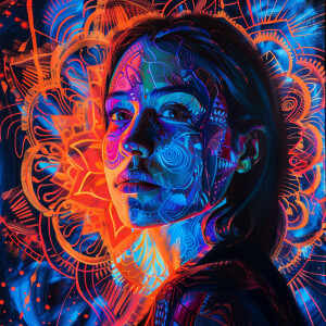 A portrait of a woman against a detailed mandala pattern glowing...