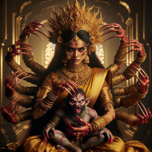 portrait of angry looking, four-armed indian goddess sitting on...