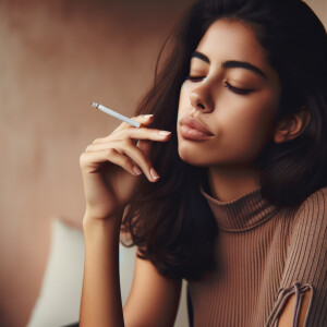 Young woman cleavage smoking a cigarette taking a long drag, inh...