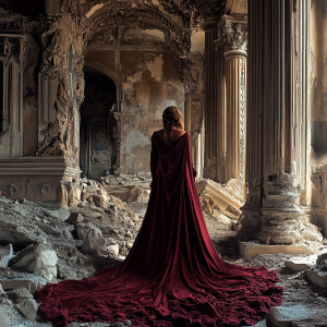 In the dimly lit ruins of a plush chiaroscuro lost civilization,...