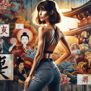 Athletic Thin skinny Attractive, Asian teenage girl, long brown hair and bangs, wearing tight skinny jeans and a halter top paint marks on her clothing, heroic pose Asian graffiti background, backside view