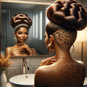 Imagine a digital artwork where a woman is standing in front of a bathroom mirror. Her reflection reveals an intricate hairstyle with large, perfect curls piled high upon her head. The back of her hair is artfully shaved with a floral design, subtly including the name "Karen" within the pattern. She gazes at her reflection with a look of satisfaction and confidence. Her skin is smooth and has a golden-brown hue, complemented by her gold hoop earrings and a matching, delicate necklace. The bathroom setting is modern and sleek, with a simple, shining chrome faucet and a pristine white sink. Her nails are long and well-manicured with a glossy finish, adding to the elegance of her appearance. This image conveys a blend of modern style, sophistication, and a personal touch through the unique hairstyle.